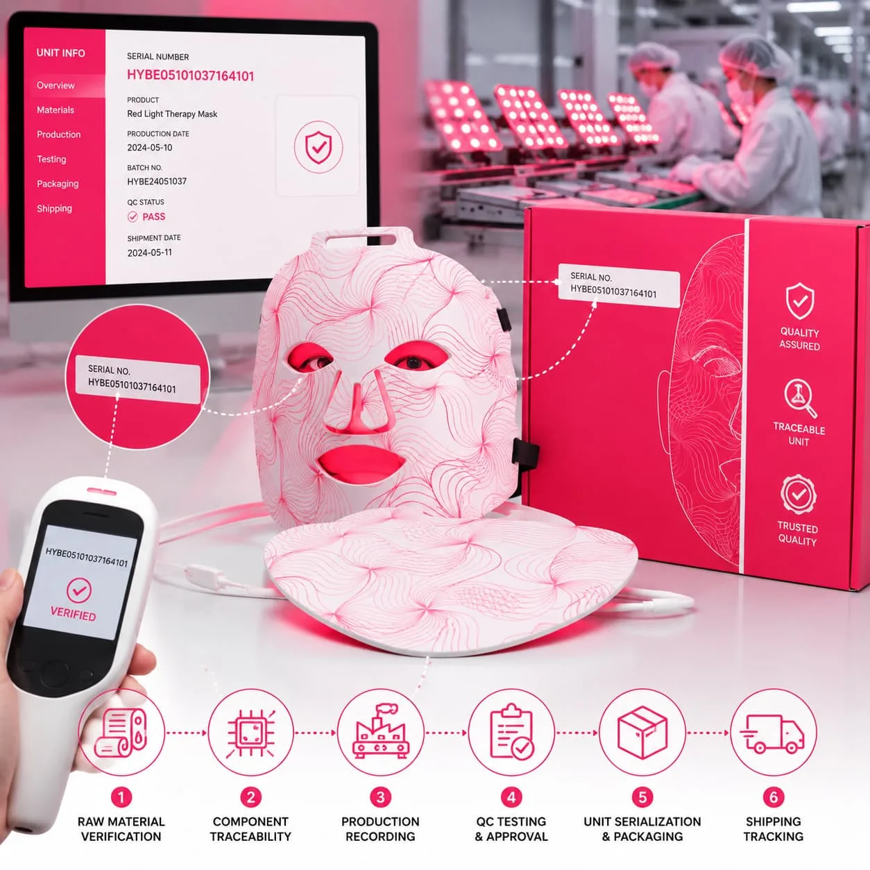 G15 red light therapy mask with serial number tracking for unit-level traceability in manufacturing and quality control.