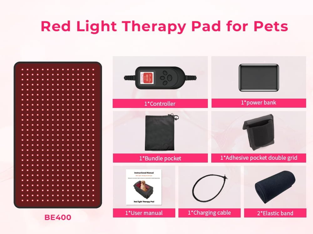 Wakelife BE400 red light therapy pad for pets with controller, power bank, user manual, charging cable, bundle pocket, adhesive pocket, and elastic bands