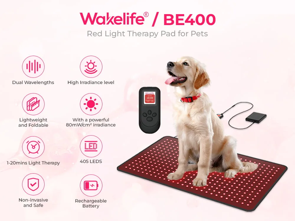 Wakelife BE400 red light therapy pad for pets with dog, controller, battery, and key product features