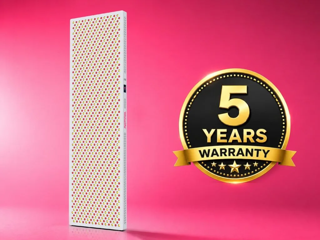 Wakelife ESPLUS5400 red light therapy panel with 5-year warranty badge