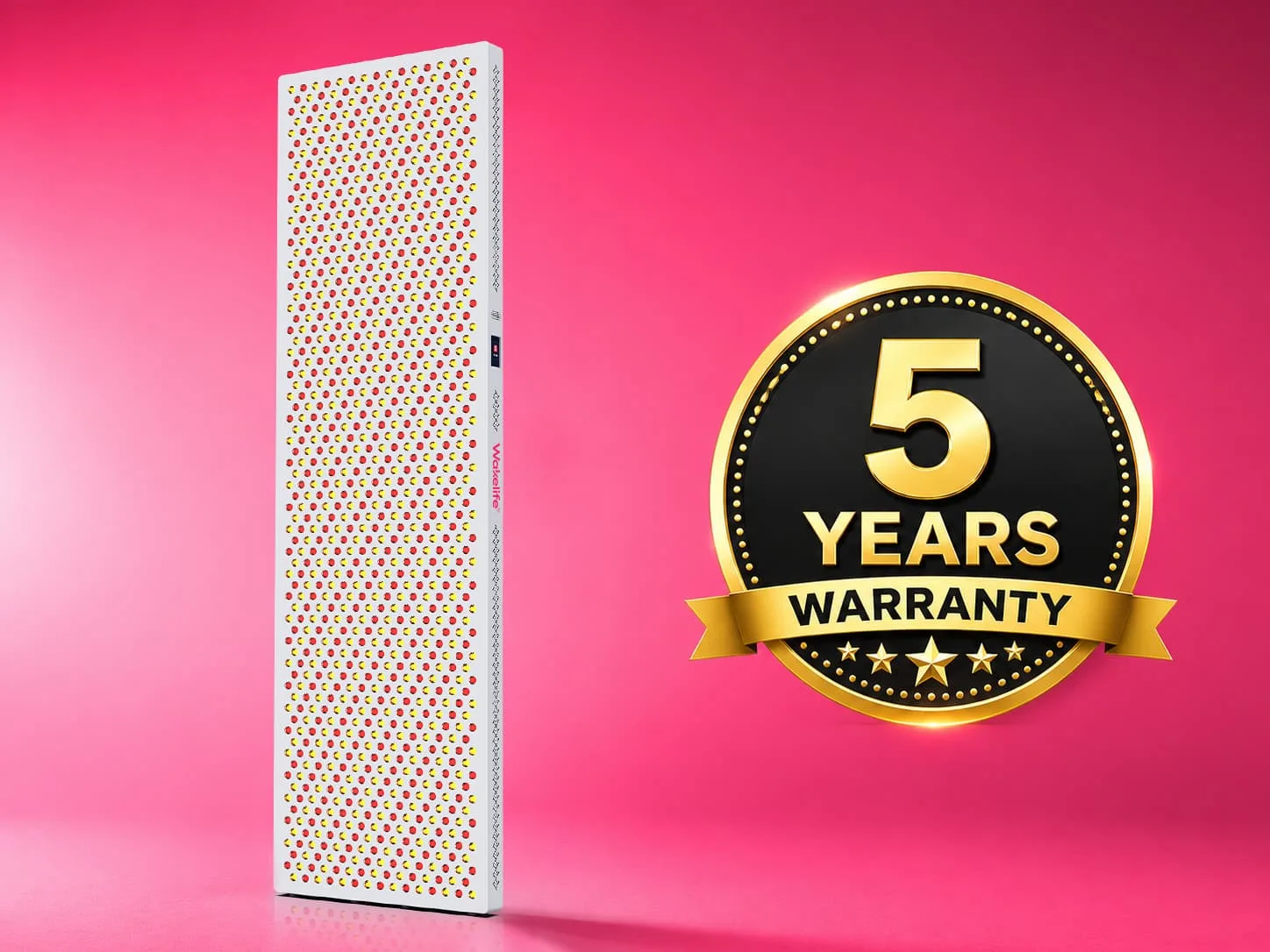 Wakelife ESPLUS5400 red light therapy panel with 5-year warranty badge