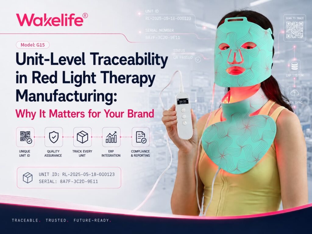 Wakelife G15 LED light therapy mask showing unit-level traceability, unique unit ID, serial number, ERP system integration, and quality assurance in red light therapy manufacturing.