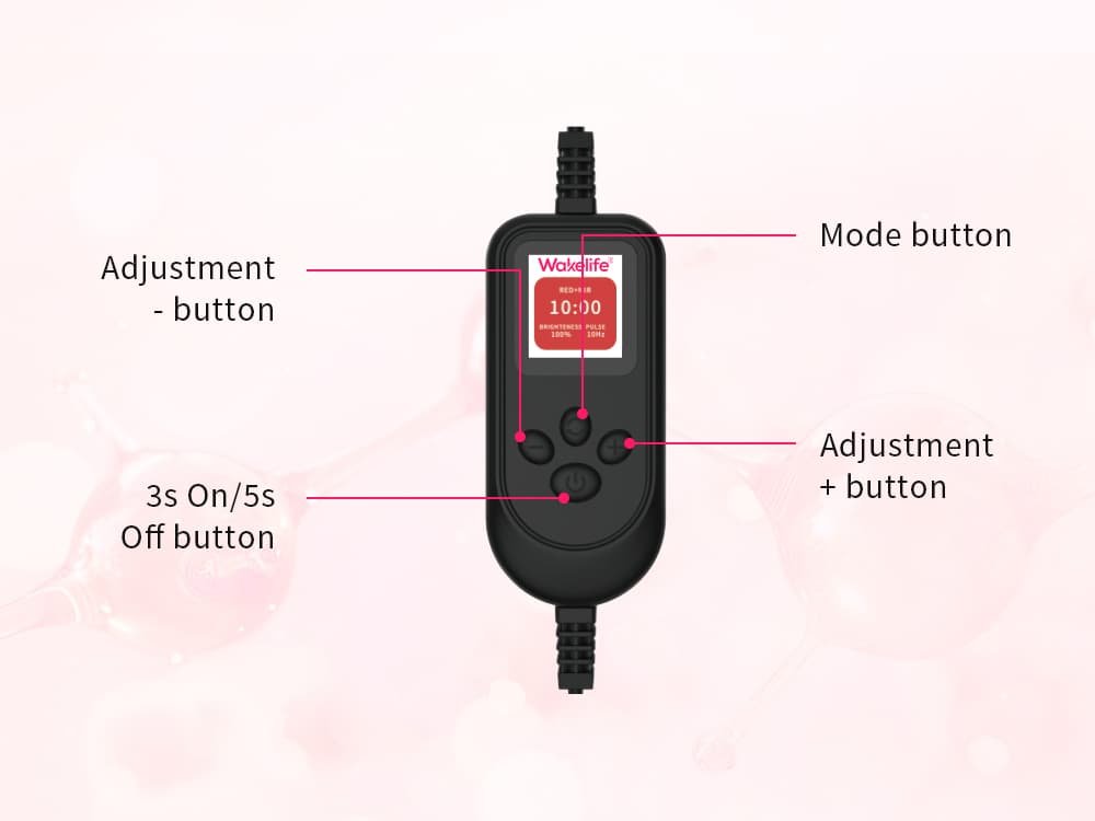 Wakelife pet red light therapy controller with mode, power, and adjustment buttons