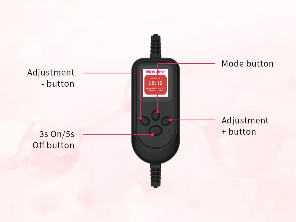 Wakelife pet red light therapy controller with mode, power, and adjustment buttons