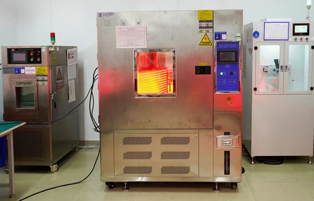 WAKELIFE temperature and humidity test equipment used for environmental reliability testing of red light therapy devices.