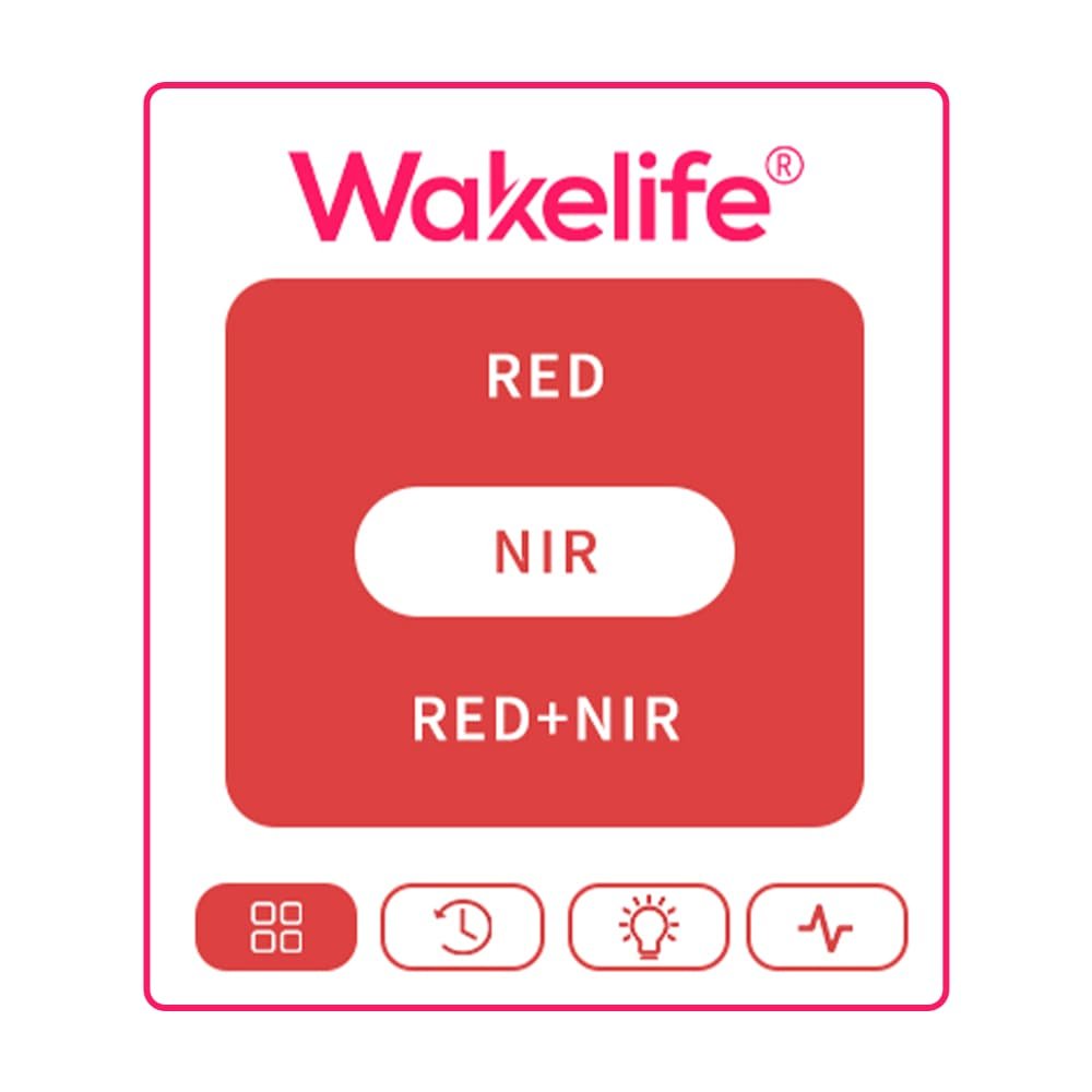 Wakelife controller display showing RED, NIR, and RED plus NIR therapy modes