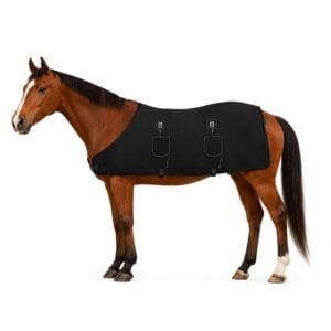 D05 equine red light therapy pad shown on a brown horse, side view, with black fabric, ремни, and controller modules visible