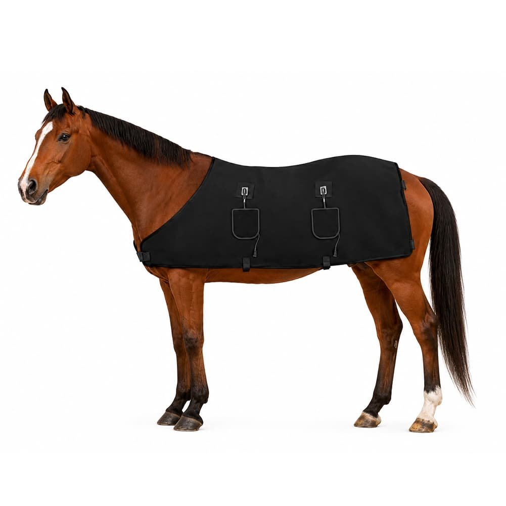 Almohadilla de terapia de luz roja equina D05 mostrada en un caballo marrón, vista lateral, con tela negra, correas, y módulos de controlador visibles