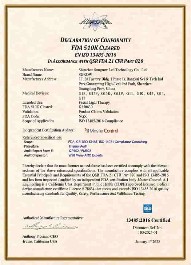 FDA 510K clearance certification for LED light therapy medical devices