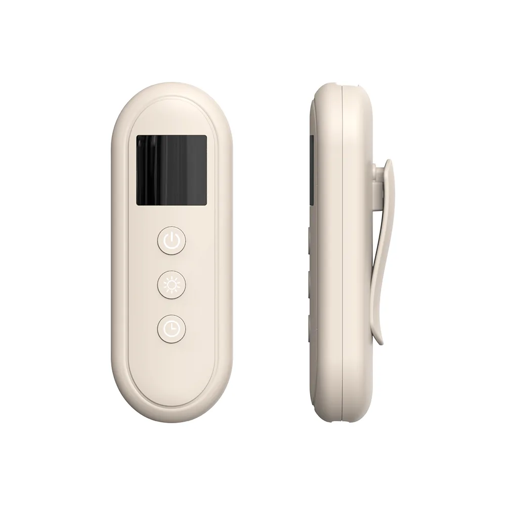 Front and side view of HC03 hair growth cap controller with display buttons and clip design
