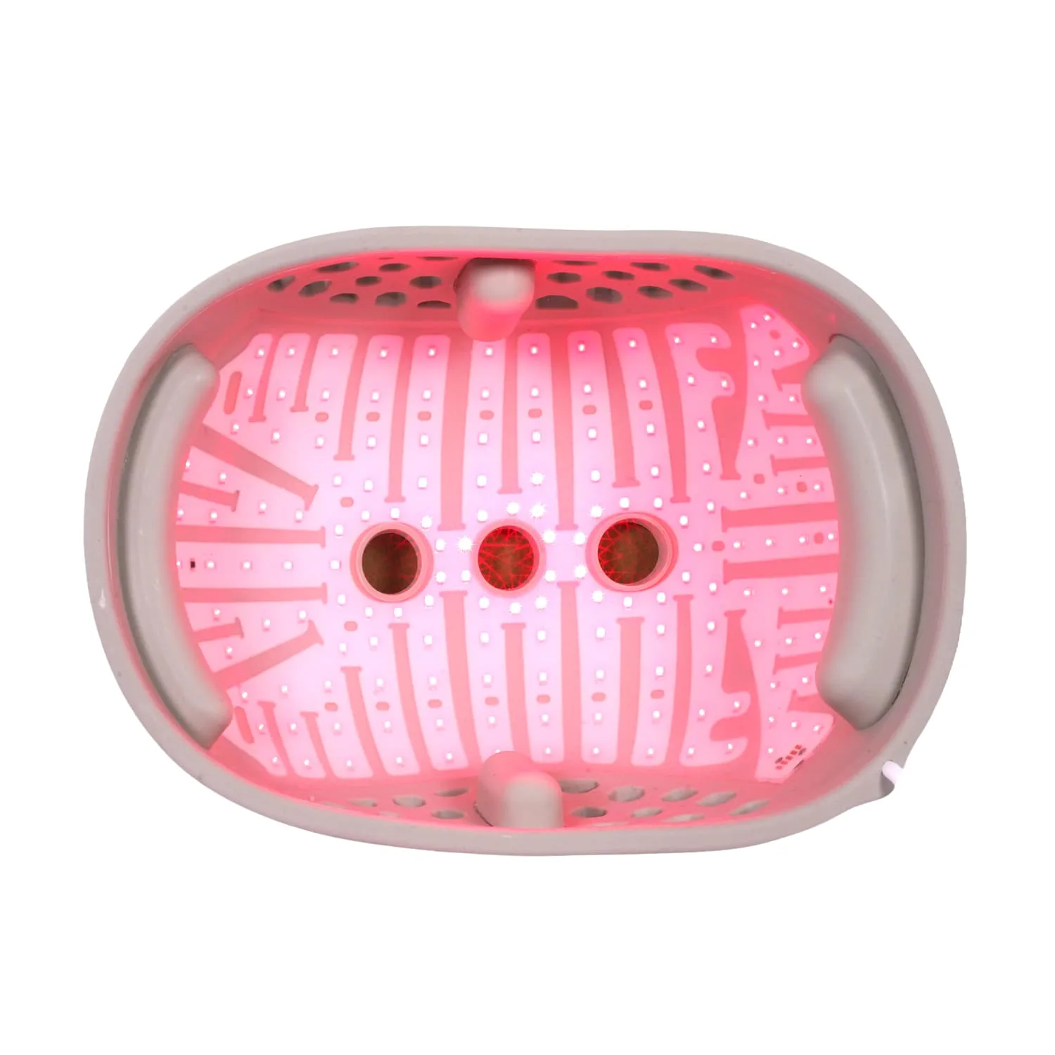 Close-up interior view of HC03 hair growth cap showing active red light source and silicone pads