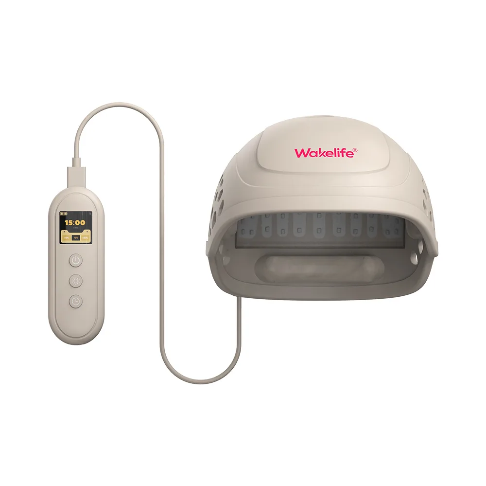 HC03 laser hair growth cap with handheld TFT controller showing timer and brightness settings
