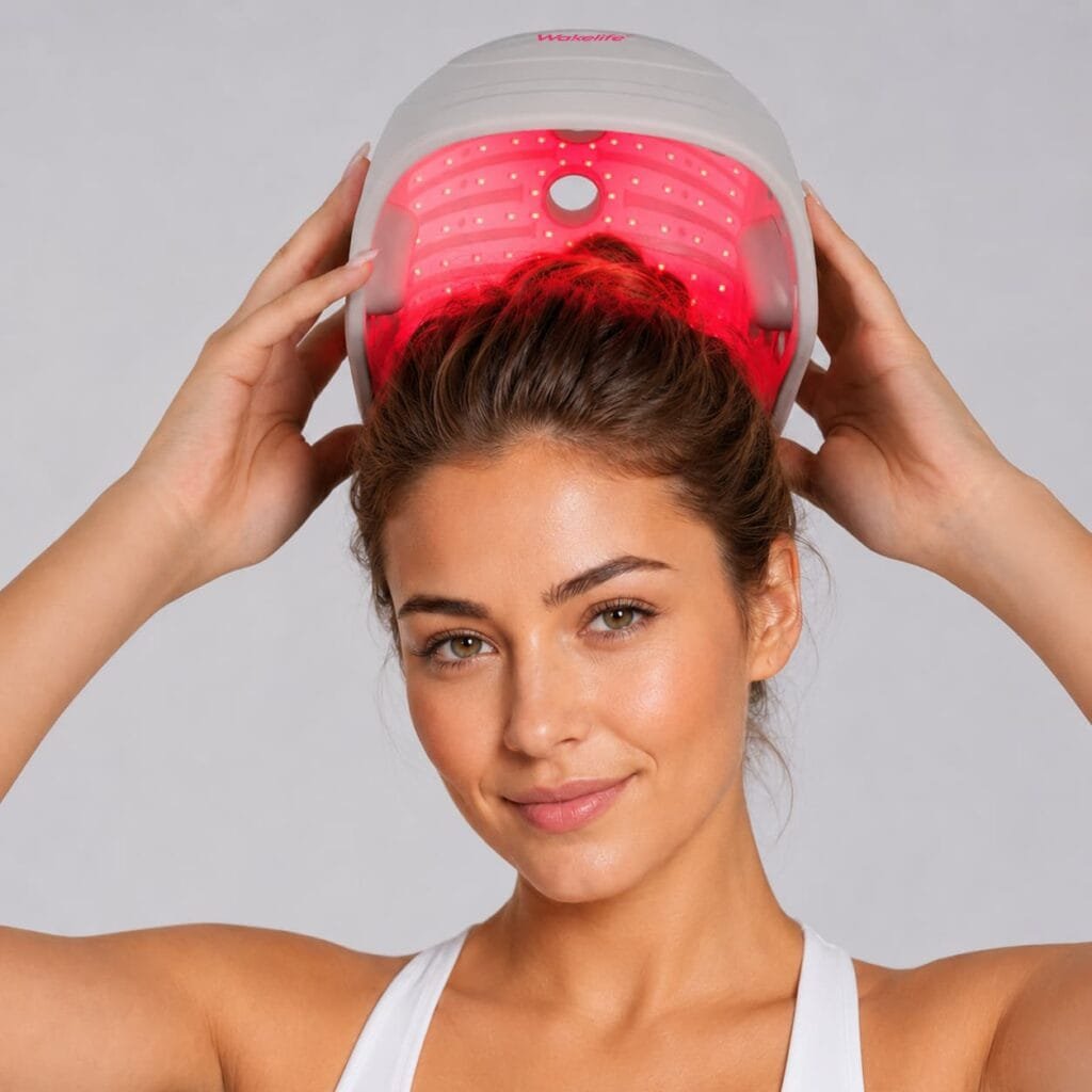 Model putting on the HC03 laser hair growth cap with red light active inside