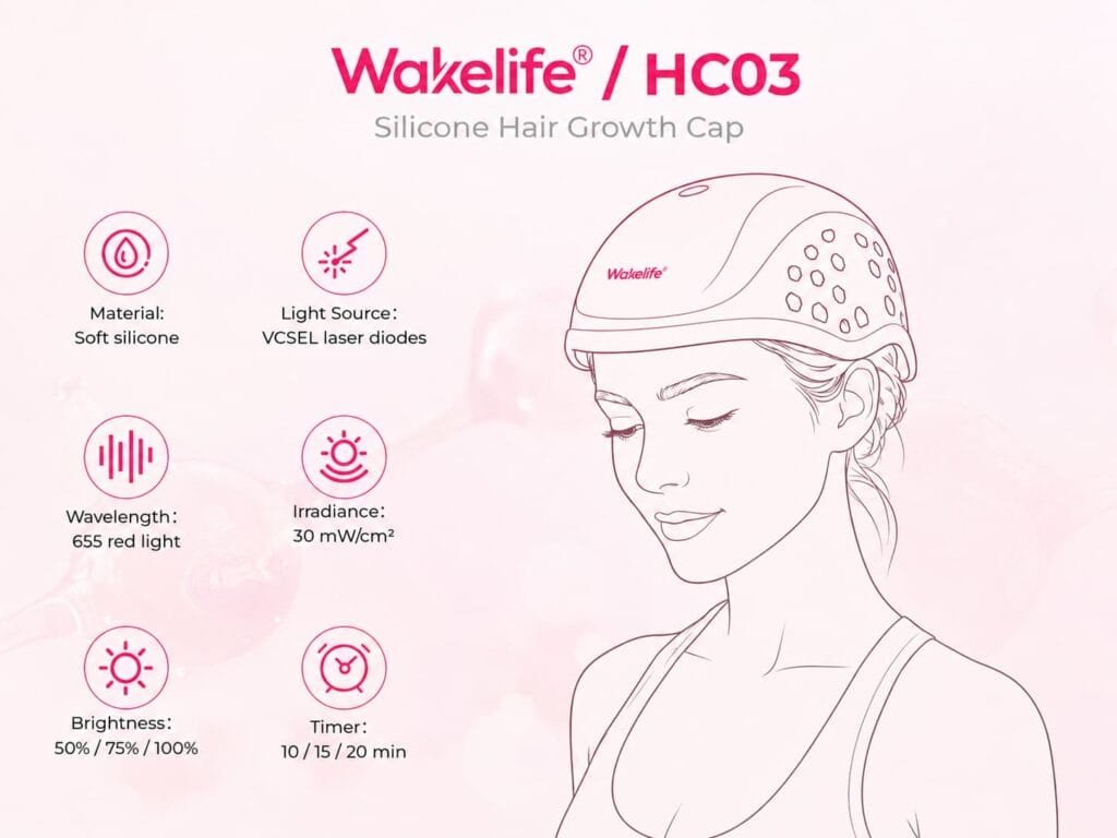 Wakelife HC03 silicone hair growth cap with VCSEL laser diodes, 655nm red light, adjustable brightness, and timer settings