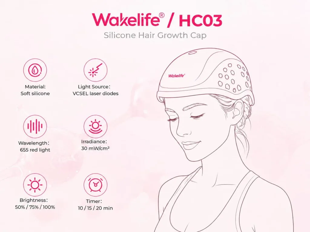 Touca de crescimento capilar de silicone Wakelife HC03 com diodos laser VCSEL, 655nm luz vermelha, brilho ajustável, e configurações do temporizador