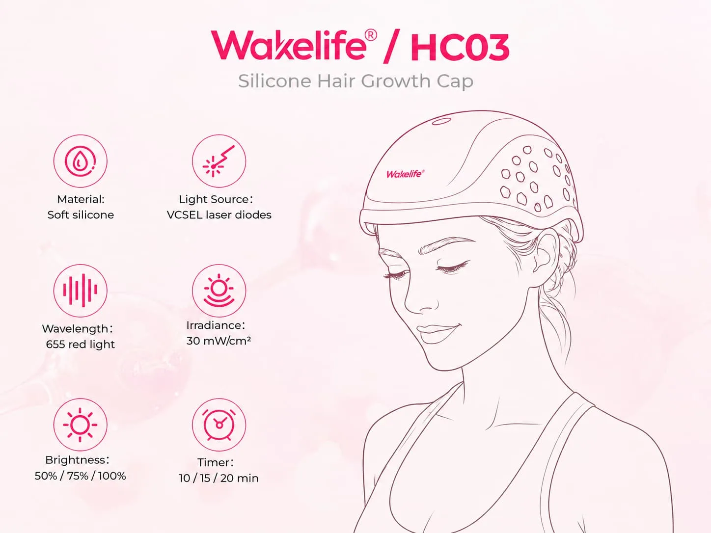 Wakelife HC03 silicone hair growth cap with VCSEL laser diodes, 655nm red light, adjustable brightness, and timer settings