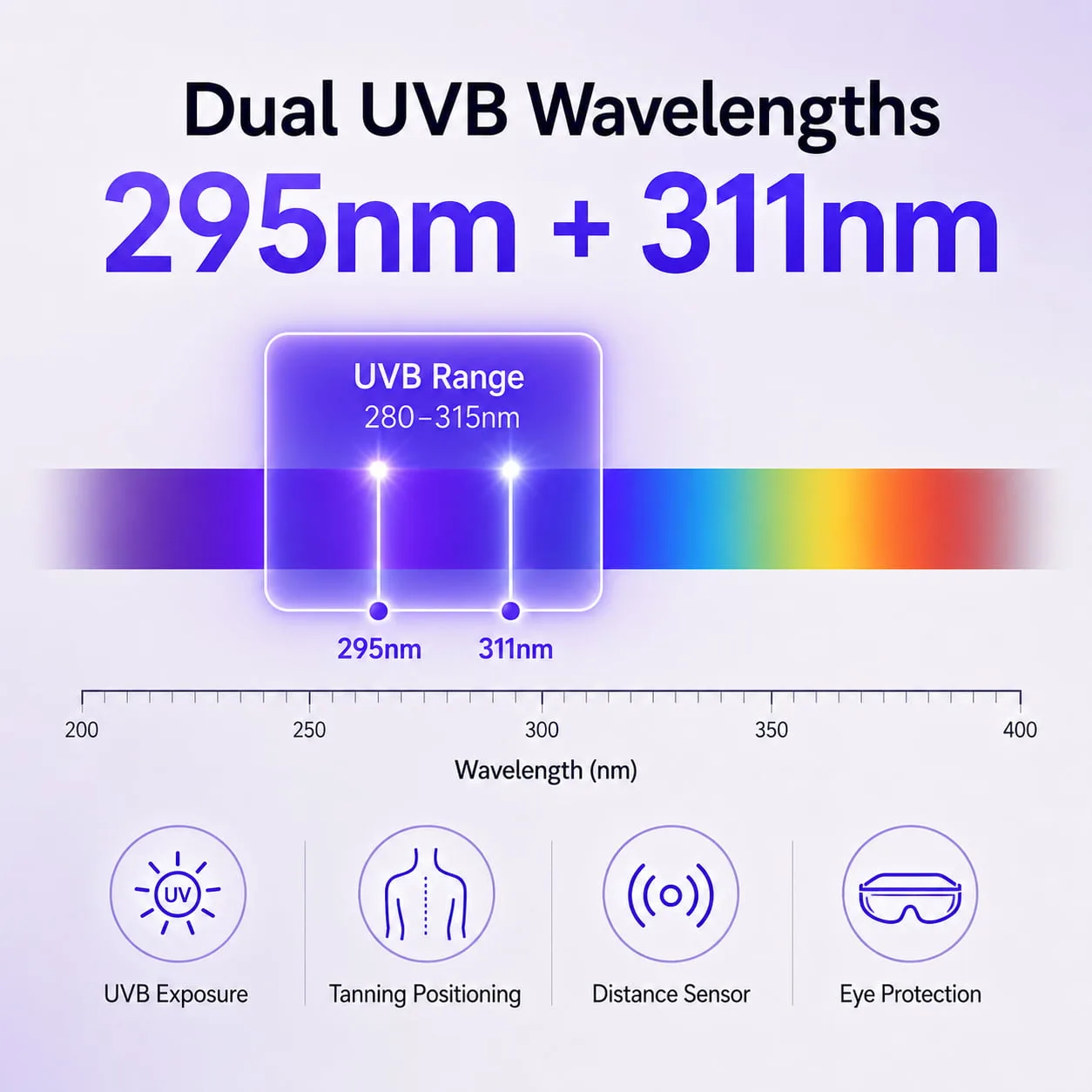 Wakelife BK Series dual UVB wavelengths infographic showing 295nm and 311nm within the UVB range, with UVB exposure, tanning positioning, distance sensor, and eye protection icons.