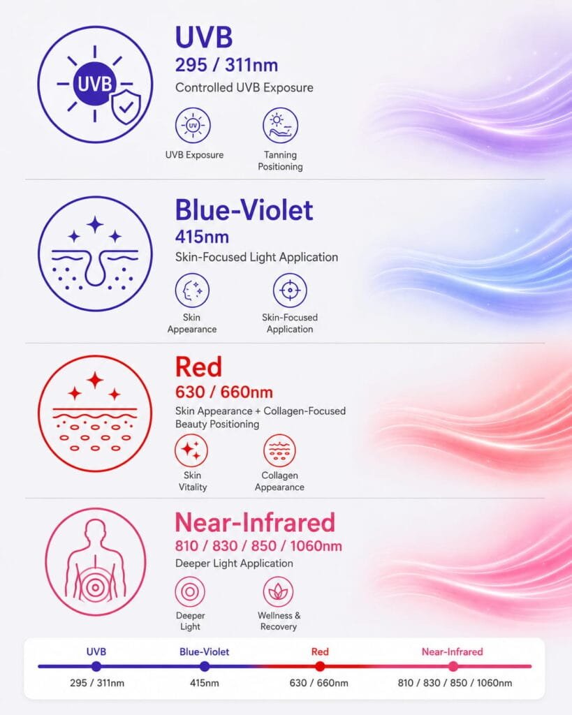 Wakelife BK Series infographic showing four wavelength bands: UVB 295nm and 311nm, blue-violet 415nm, red 630nm and 660nm, and near-infrared 810nm, 830nm, 850nm, and 1060nm.