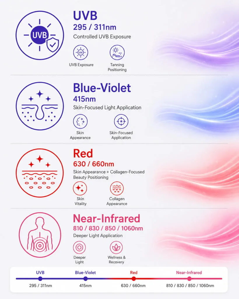 Wakelife BK Series infographic showing four wavelength bands: UVB 295nm and 311nm, blue-violet 415nm, red 630nm and 660nm, and near-infrared 810nm, 830nm, 850nm, and 1060nm.