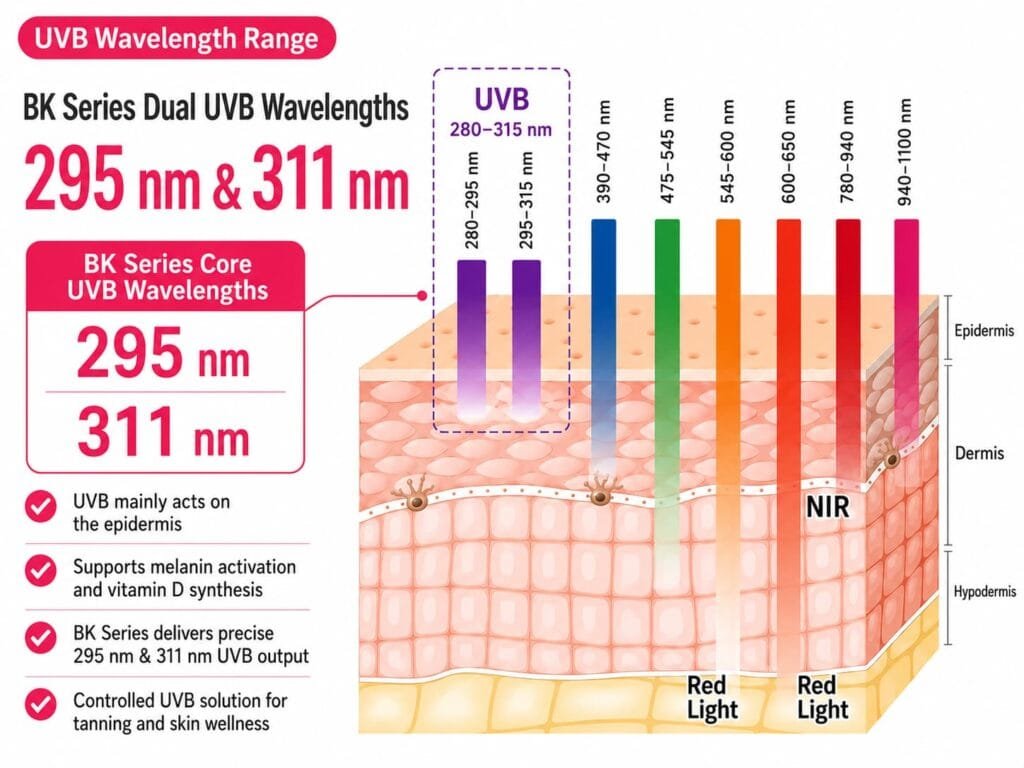 Wakelife BK Series UVB wavelength range diagram highlighting 295 nm e 311 nm dual UVB wavelengths for tanning panels