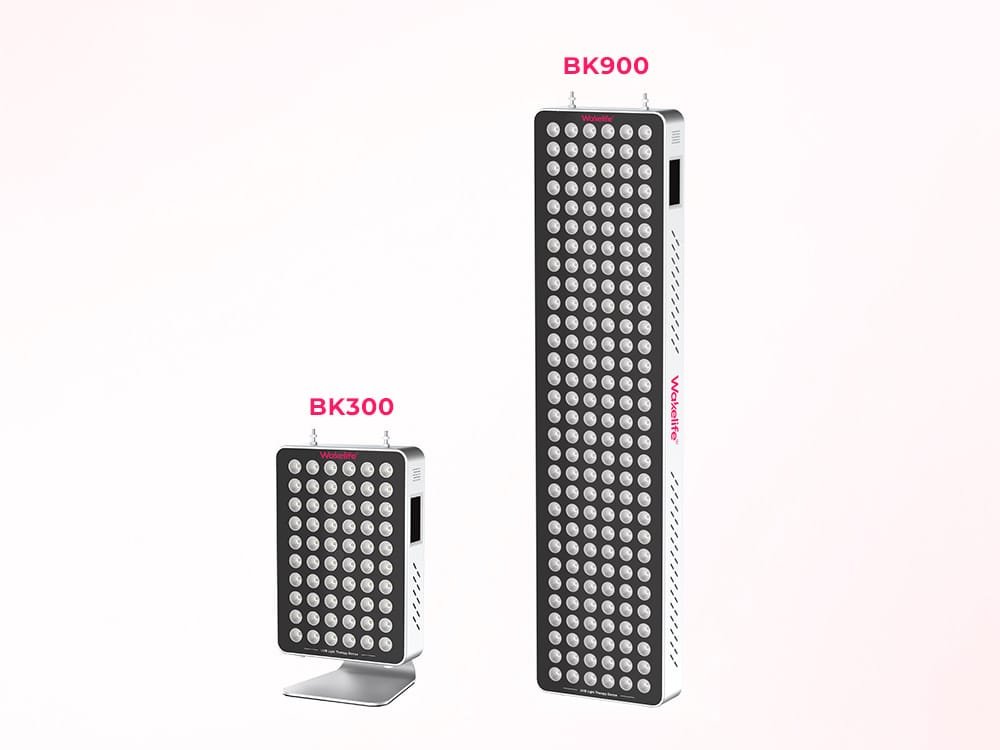 Wakelife BK300 and BK900 UVB tanning panels product comparison showing compact targeted model and larger half-body model