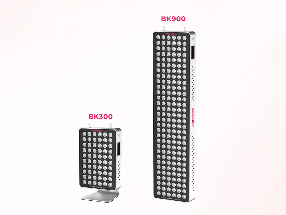 Wakelife BK300 and BK900 UVB tanning panels product comparison showing compact targeted model and larger half-body model