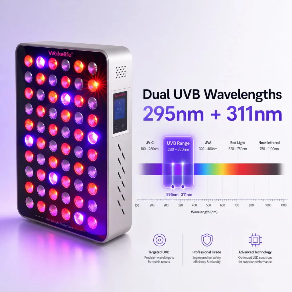 Wakelife BK300 light therapy panel highlighting dual UVB wavelengths of 295nm and 311nm with a UVB spectrum overview.