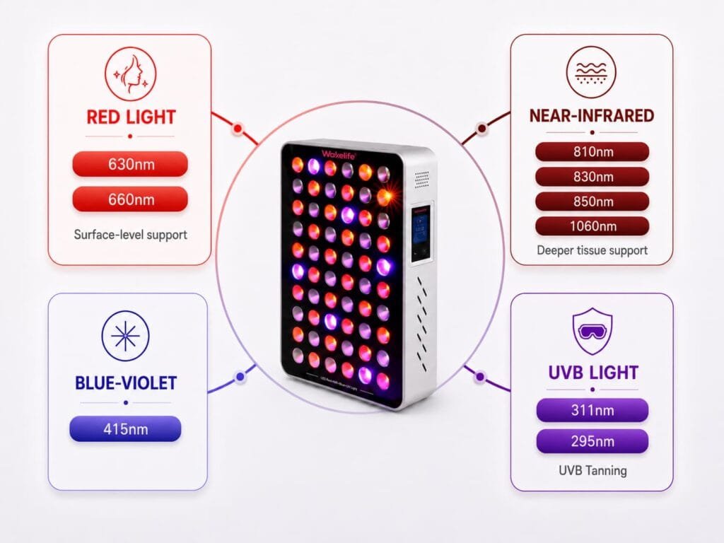 Wakelife BK300 multi-wavelength LED light therapy lamp with 630nm, 660nm, 810nm, 830nm, 850nm, 1060nm, 415nm, 311nm and 295nm wavelengths.