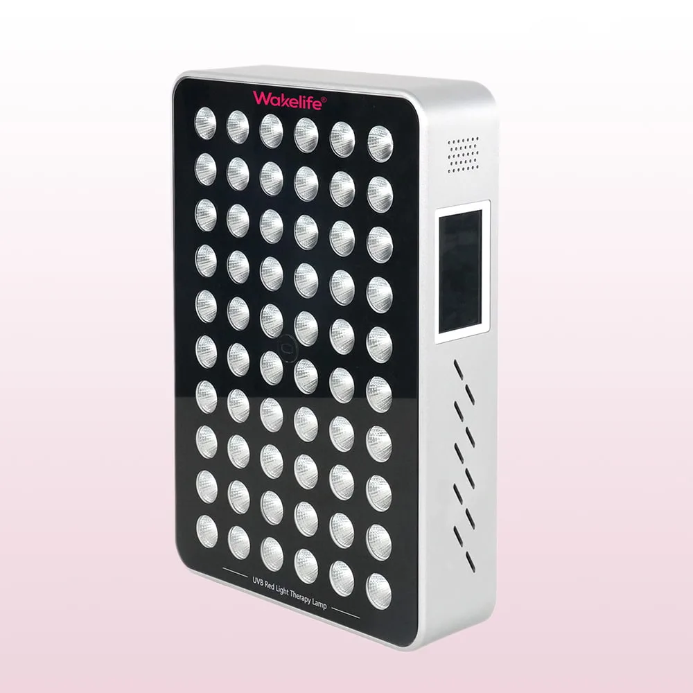 Wakelife BK300 UVB tanning panel angled product view with compact silver body and side touch screen