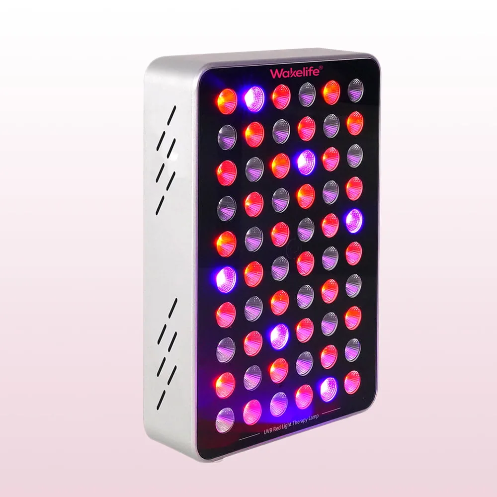Wakelife BK300 UVB tanning panel illuminated side view with red and purple LED light output