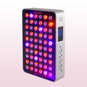 Wakelife BK300 UVB tanning panel with multi-wavelength LEDs illuminated in red and purple light