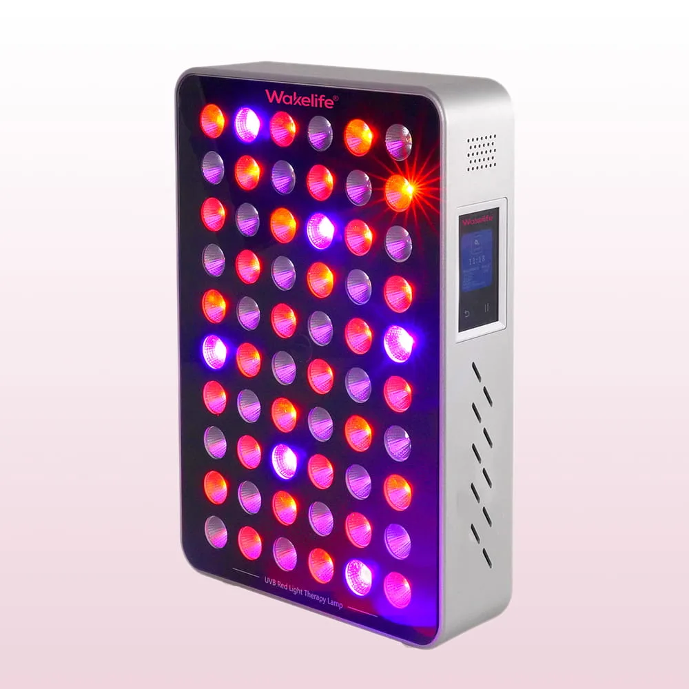 Wakelife BK300 UVB tanning panel with multi-wavelength LEDs illuminated in red and purple light