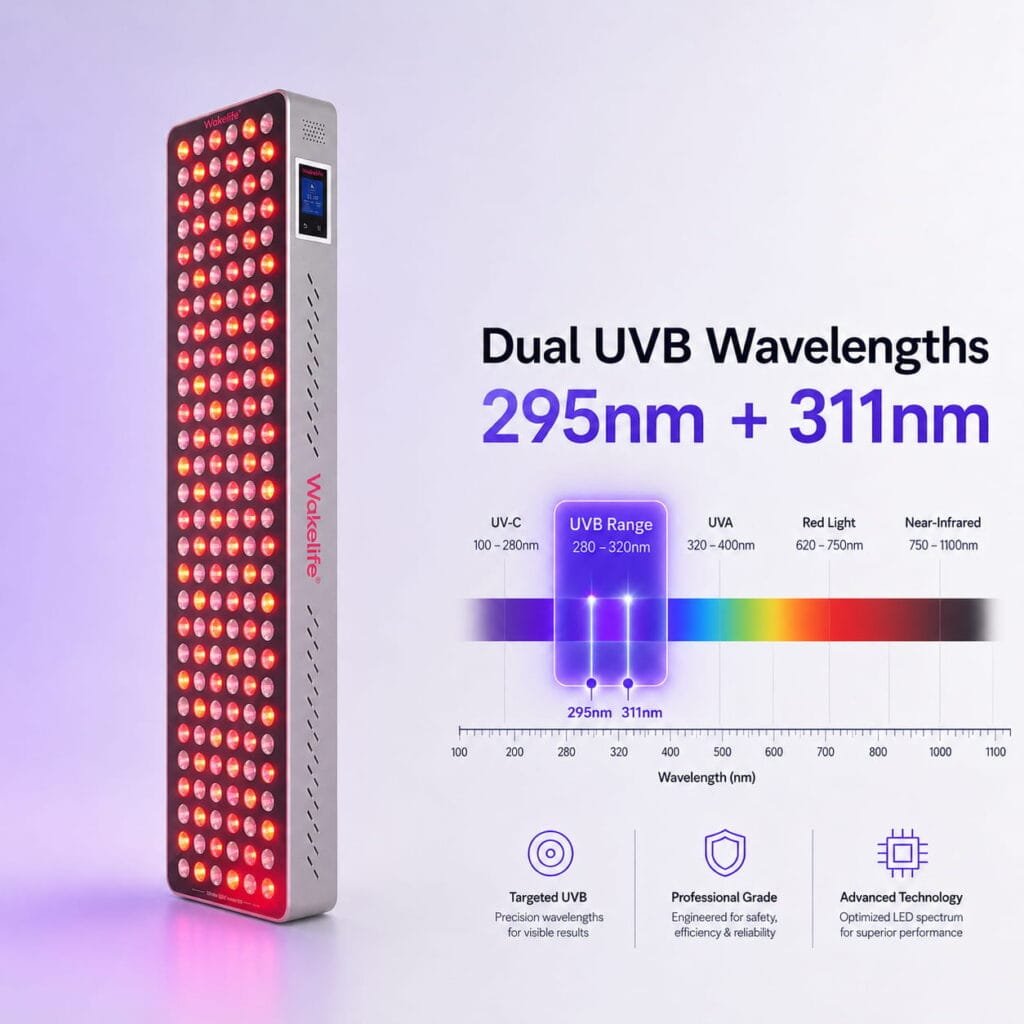 Wakelife BK900 light therapy panel with dual UVB wavelengths 295nm and 311nm highlighted in a professional spectrum chart.