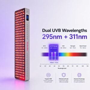 Pannello per terapia della luce Wakelife BK900 con doppia lunghezza d'onda UVB 295 nm e 311 nm evidenziata in un grafico dello spettro professionale.
