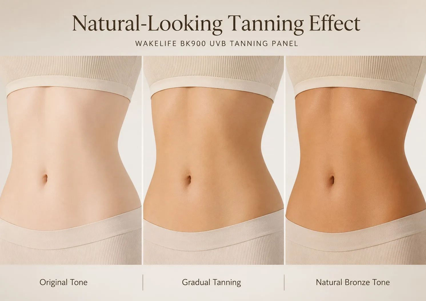 Wakelife BK900 UVB tanning panel natural-looking skin tone progression on waist and abdomen area