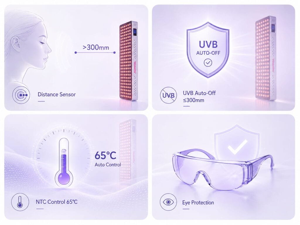 Wakelife BK900 UVB safety control infographic showing distance sensor protection, UVB auto-off at 300mm, NTC temperature control at 65°C, and eye protection.