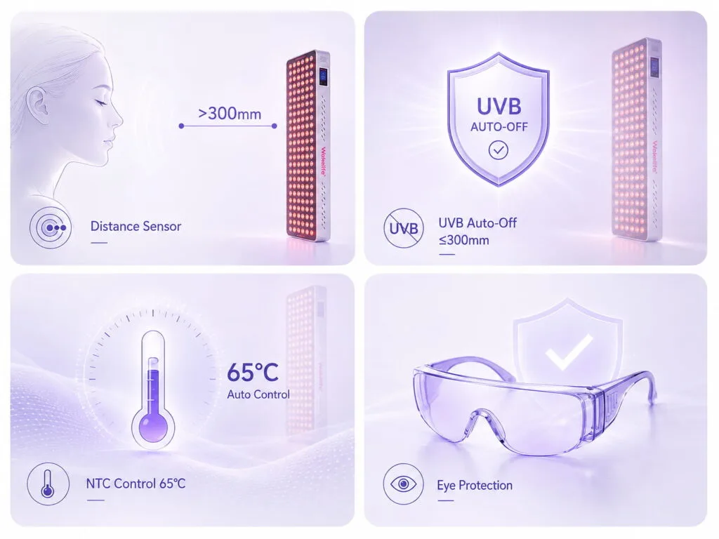 Wakelife BK900 UVB safety control infographic showing distance sensor protection, UVB auto-off at 300mm, NTC temperature control at 65°C, and eye protection.