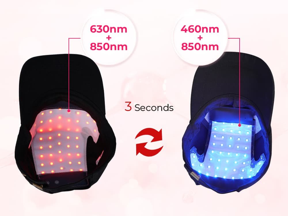 Wakelife C02 hair growth cap showing 630nm red light and 850nm near-infrared light in 10Hz pulse mode.