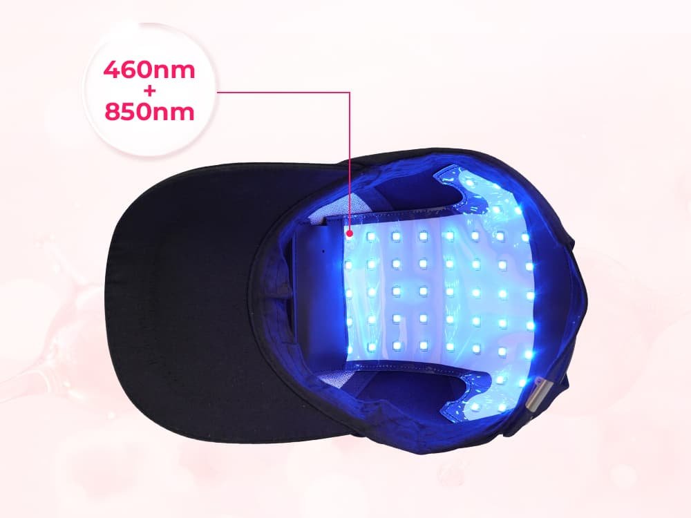 Wakelife C02 hair growth cap showing 460nm blue light and 850nm near-infrared light mode.