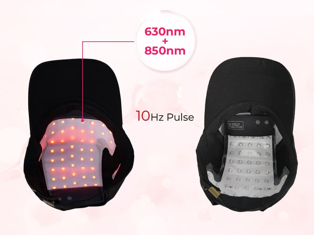 Wakelife C02 hair growth cap showing 630nm red light and 850nm near-infrared light in 10Hz pulse mode.