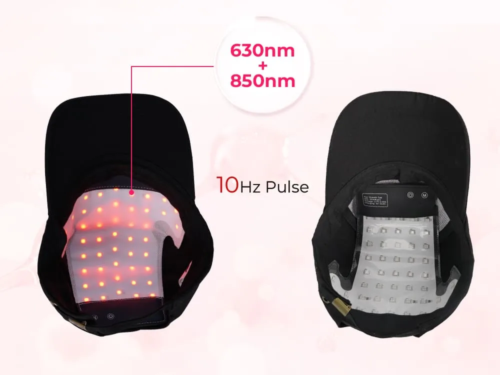 Wakelife C02 hair growth cap showing 630nm red light and 850nm near-infrared light in 10Hz pulse mode.