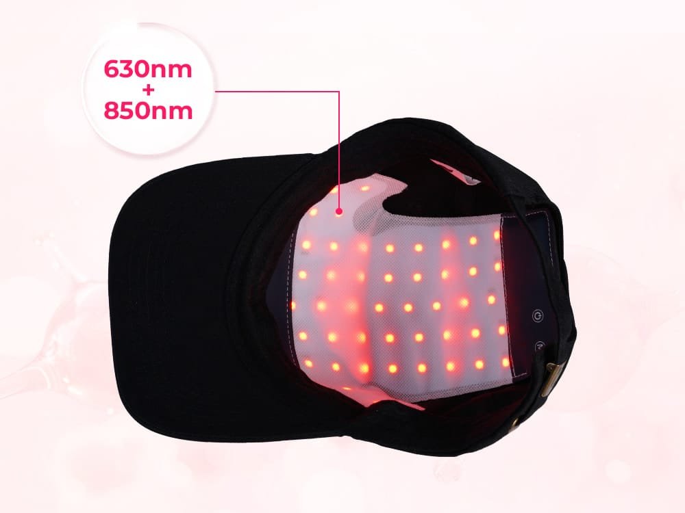 Wakelife C02 hair growth cap showing 630nm red light and 850nm near-infrared light mode.