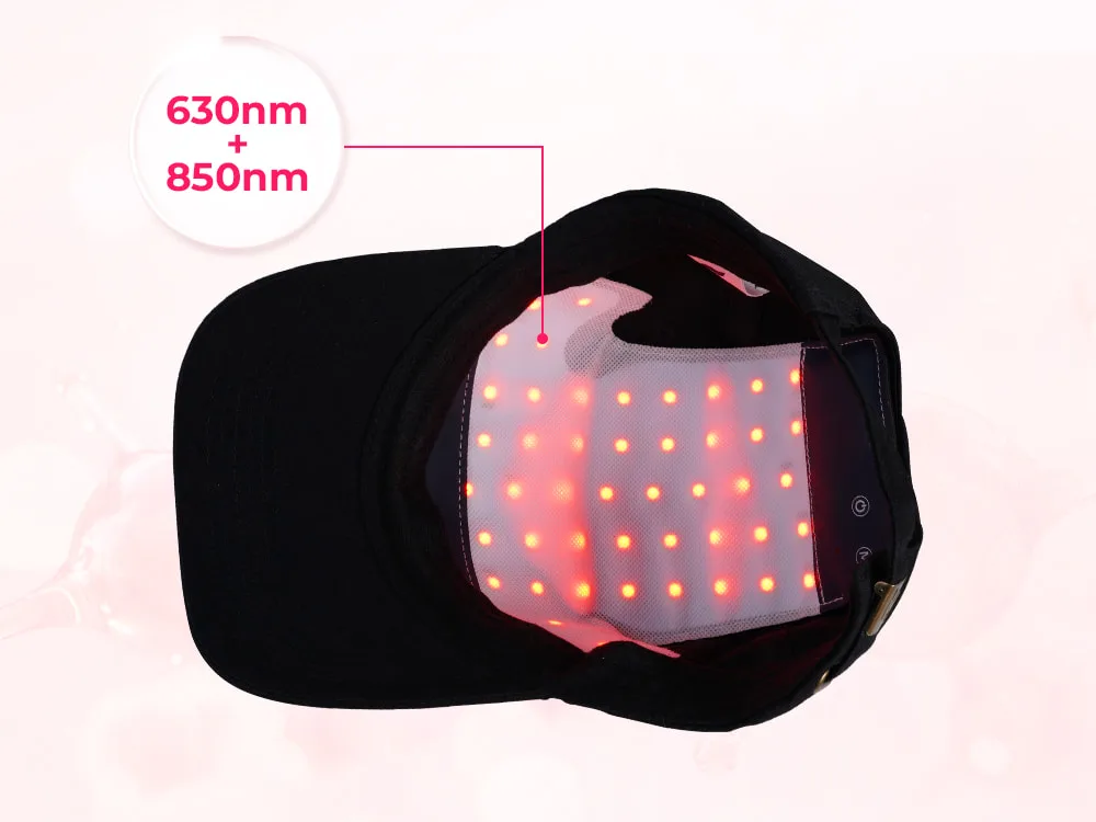 Wakelife C02 hair growth cap showing 630nm red light and 850nm near-infrared light mode.