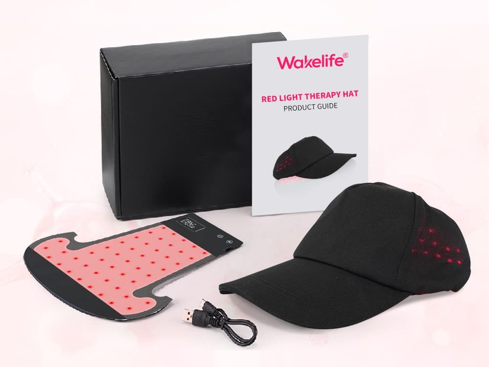 Wakelife C02 hair growth cap package set including LED cap, light panel, USB cable, product guide, and box.