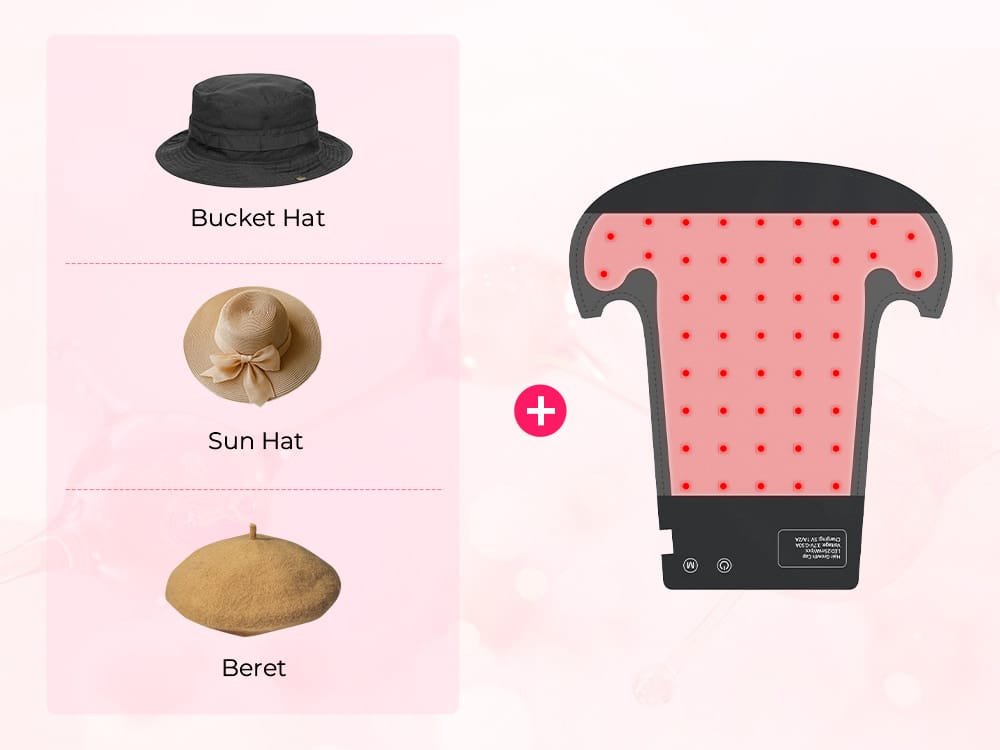 Wakelife C02 modular LED light panel paired with different hat style options including bucket hat, sun hat, and beret.