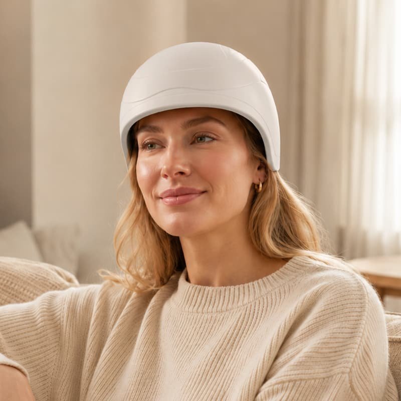Woman wearing the Wakelife HC03 VCSEL hair growth cap at home
