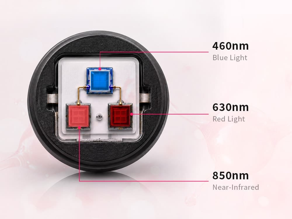 Close-up LED bead wavelength diagram for Wakelife showing blue light, red light, and near-infrared light configuration.