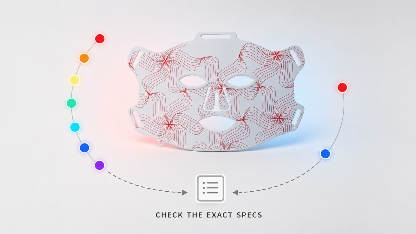 LED face mask with 7-color and focused red-blue paths leading to an exact-specifications check