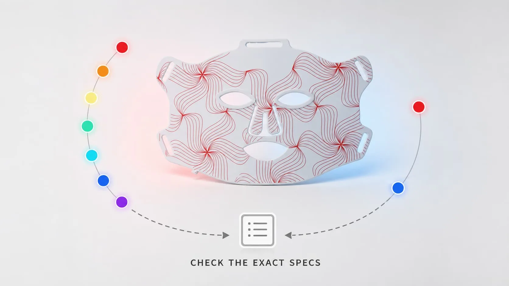 LED face mask with 7-color and focused red-blue paths leading to an exact-specifications check
