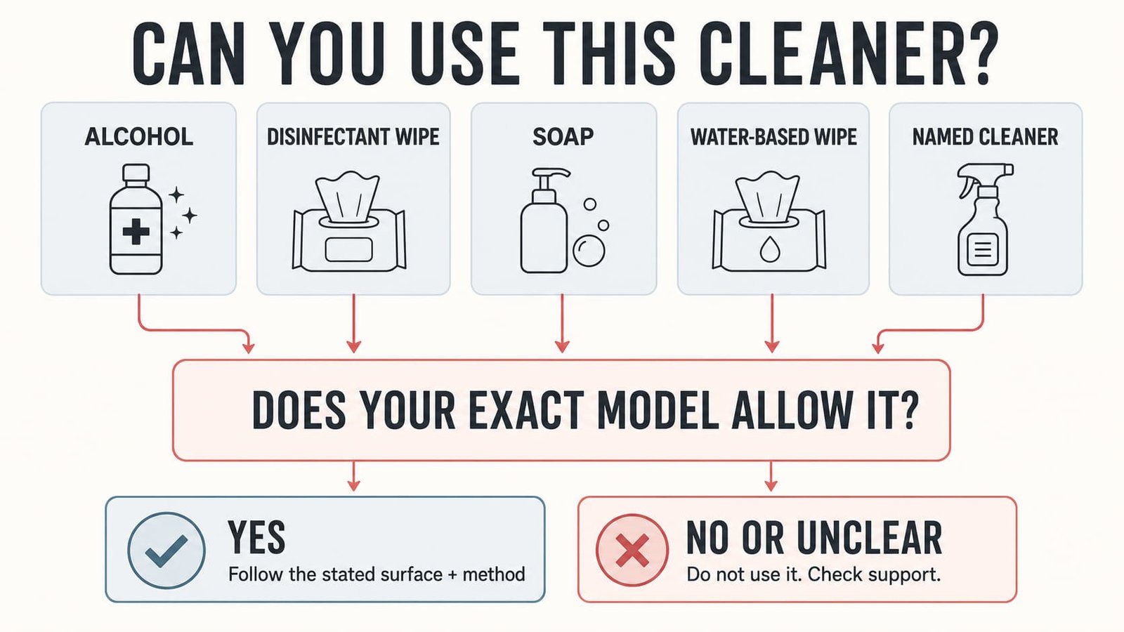 Decision guide showing that alcohol, disinfectant wipes, soap, and water should only be used when exact LED mask instructions allow them